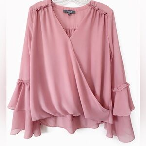 Marled Blouse Pink Ruffles Long Bell Sleeves bubble hem v-neck size L